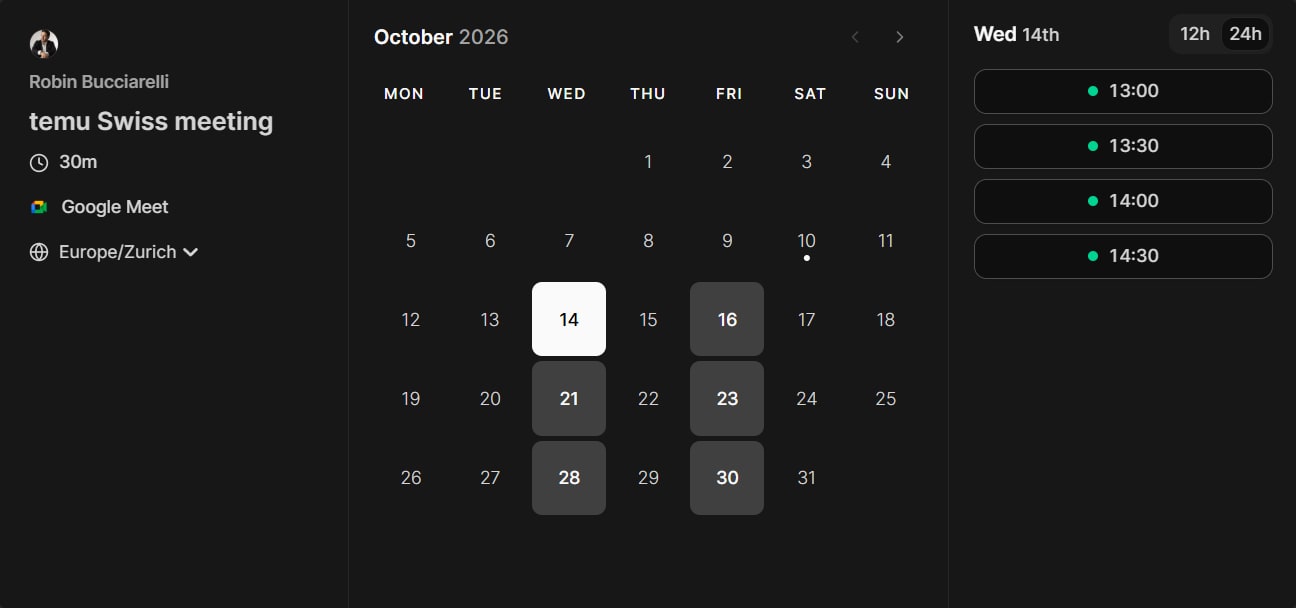 The Cal.com booking calendar for a 30-minute temu meeting on Google Meet in Swiss time: October 2026, with the free days marked and the times for Wednesday 14 October listed.